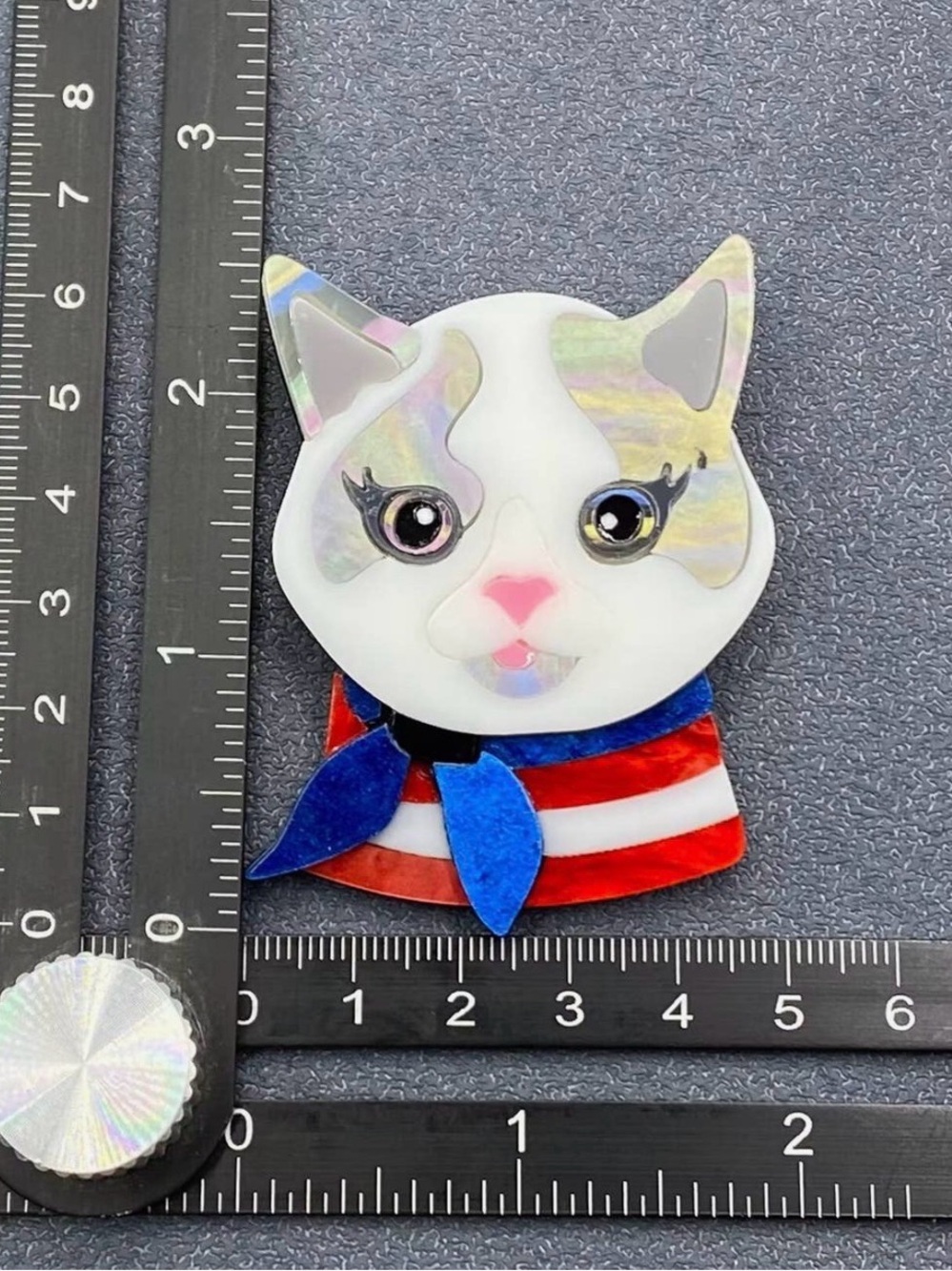 Cat with Scarf Acrylic Brooch | Cat Lover Pin | Whimsical Animal Jewelry - Picture 4 of 4